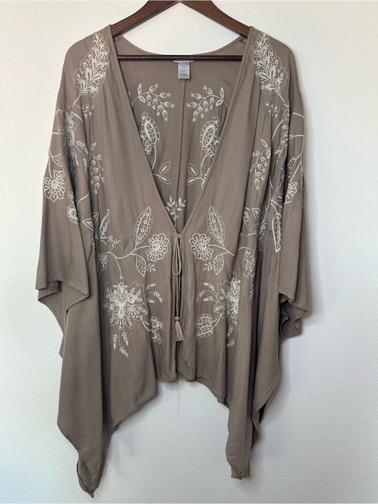 J. Jill Sweaters - J. Jill Taupe Embroidered Boho Kimono Cardigan with Cream Stitching XL-3X